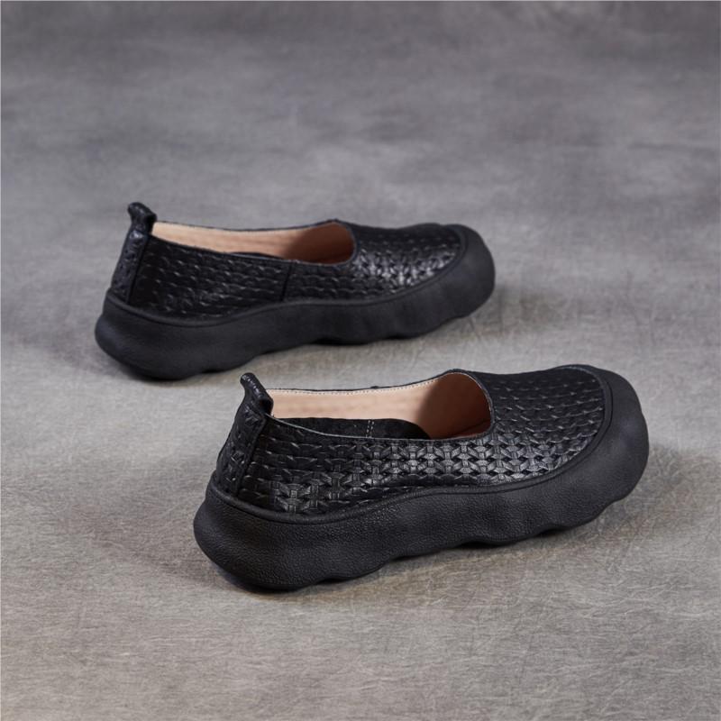 Johnature Genuine Leather Woven Retro Soft Soled Loafers Comfortable Shallow Women's Slip-on Shoes
