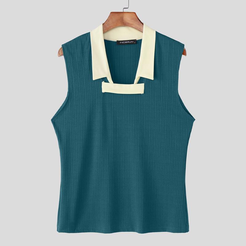 INCERUN Men Patchwork Lapel Sleeveless Casual Ribbed Tank Tops