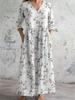 Ladies Light Gray Washed V-neck Seven-quarter Sleeve Long Dress Hem Flower Embroidery Loose Pleated Side Holiday Dress