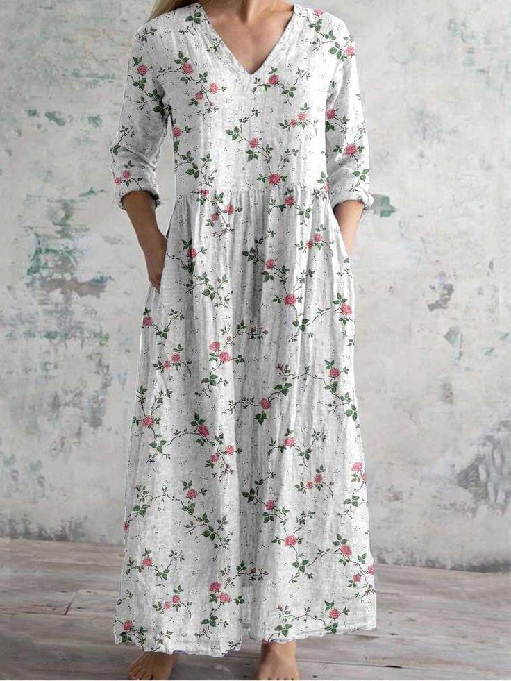 Ladies Light Gray Washed V-neck Seven-quarter Sleeve Long Dress Hem Flower Embroidery Loose Pleated Side Holiday Dress