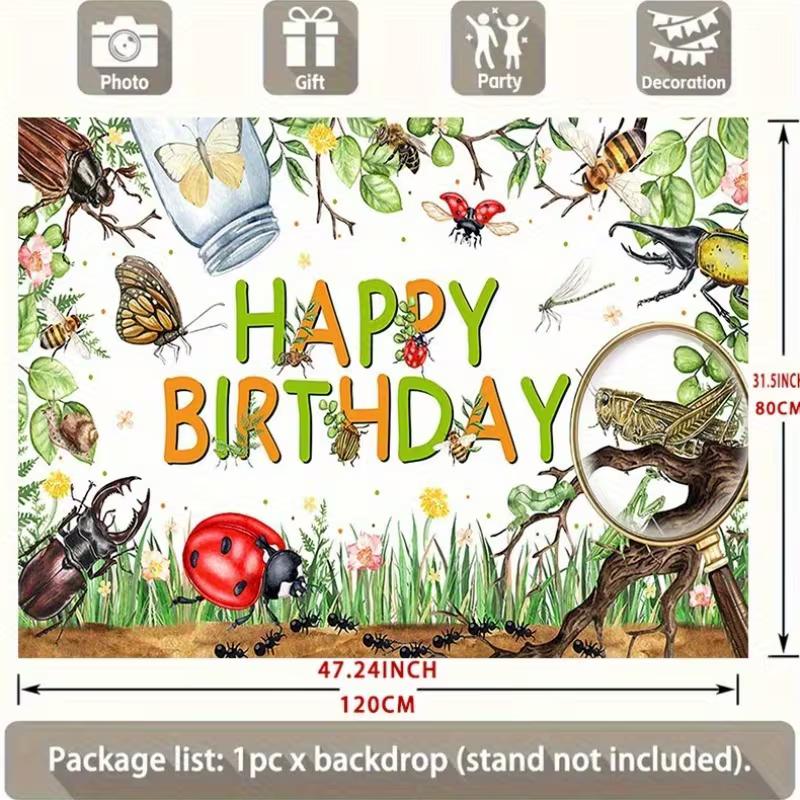 2D Bug Adventure Happy Birthday Backdrop, Kids Nature Party Banner, Photography Background