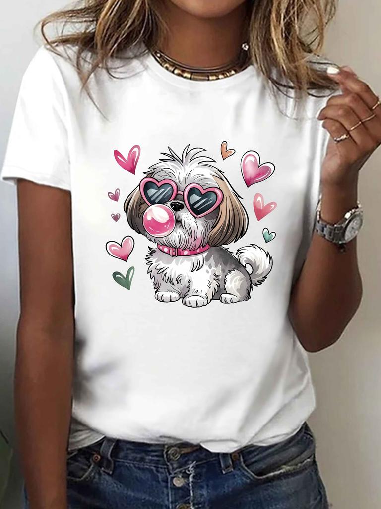 Womens Shih Tzu with Heart Fashion Glasses Print TShirt Sleeve Crew Neck Casual Summer Sleeved Harajuku Streetwear Tops Tees