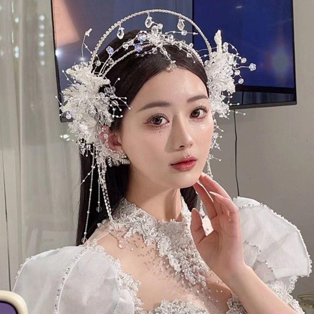 Shining Crystal Hair Hoop Flowers Fringed Bridal Headdress Fashion Head Chain  Wedding Jewelry Set