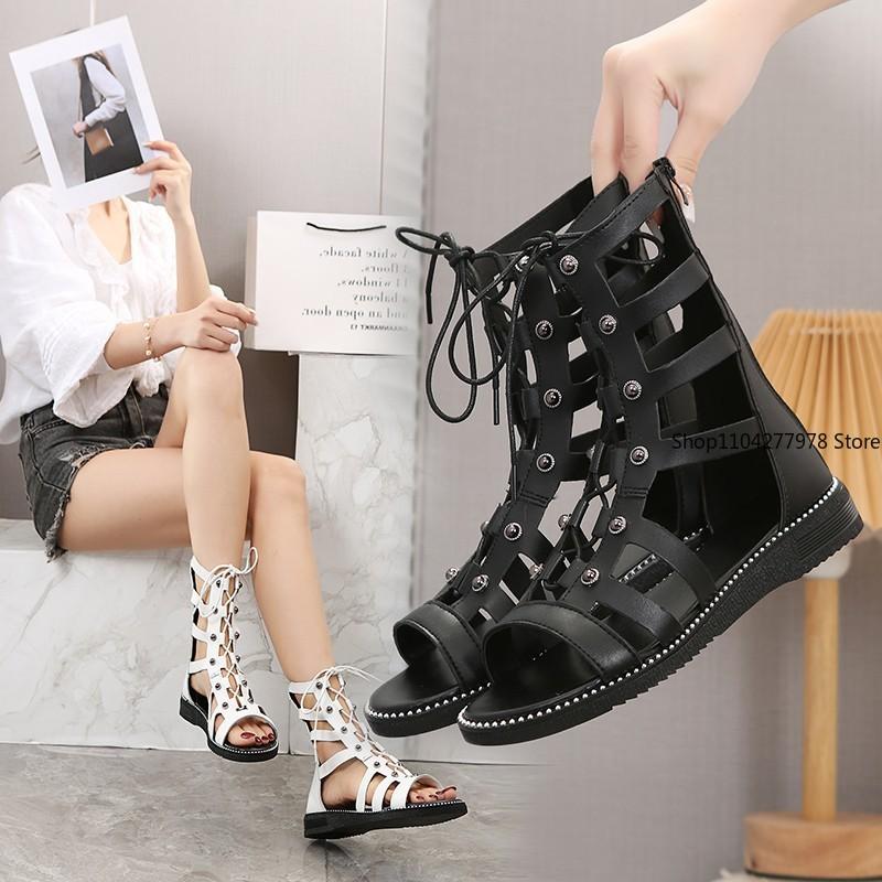 Fashion Sandalias De Mujer 2025 New Hollow Casual Women's Sandals Open Toe Cross Strap Ladies Shoes Wedges Summer Roman Sandals Size 42