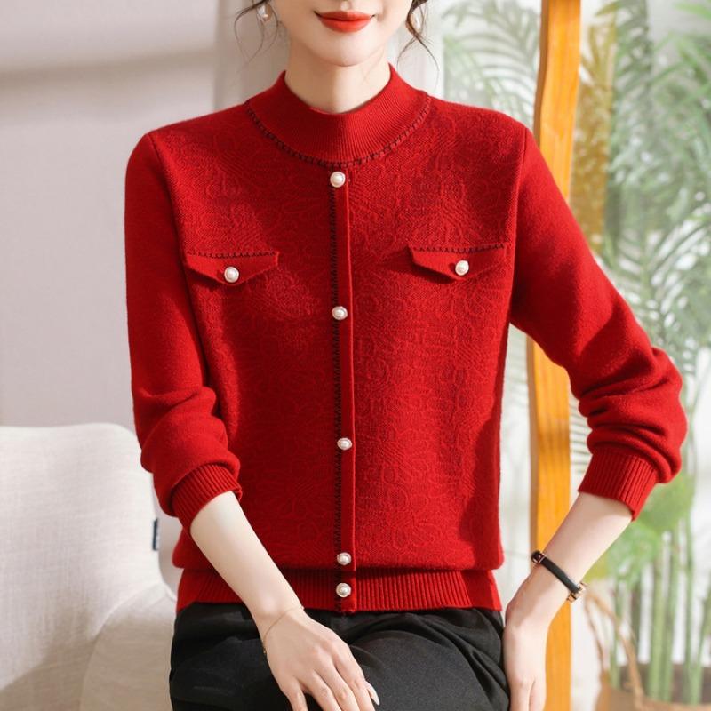 Mid-mother autumn and winter women's sweater jacquard semi-turtleneck pullover fleece thickened knitted bottoming shirt top