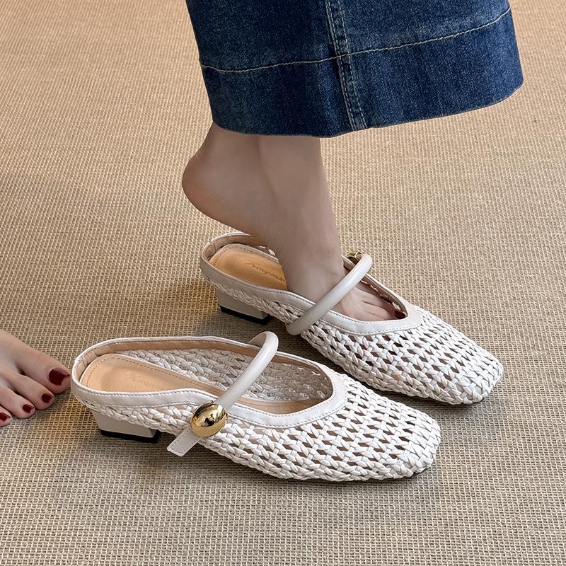 Fashion Big Size Shoes Woman 2025 Square Toe Slippers Summer Pantofle Low New Cover Block Slides Rome Hoof Heels PU Mary Janes Rubber