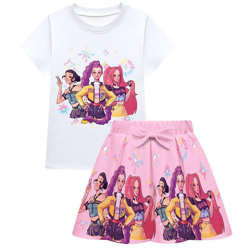 Modisches Bequemes Hexenjagd Cosplay Anime Print Mädchen Kurzarm Faltenrock Weiches Set für Kinder