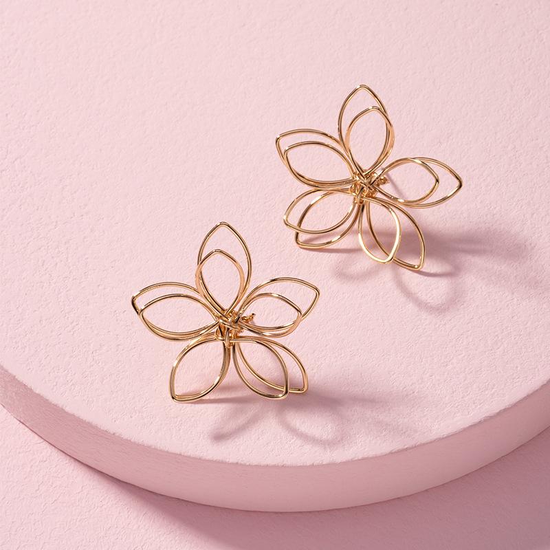 Double Layers Iron Wire Flower Stud Earrings For Women Statement Simple Hollow Geometric Jewelry Brincos Pendientes
