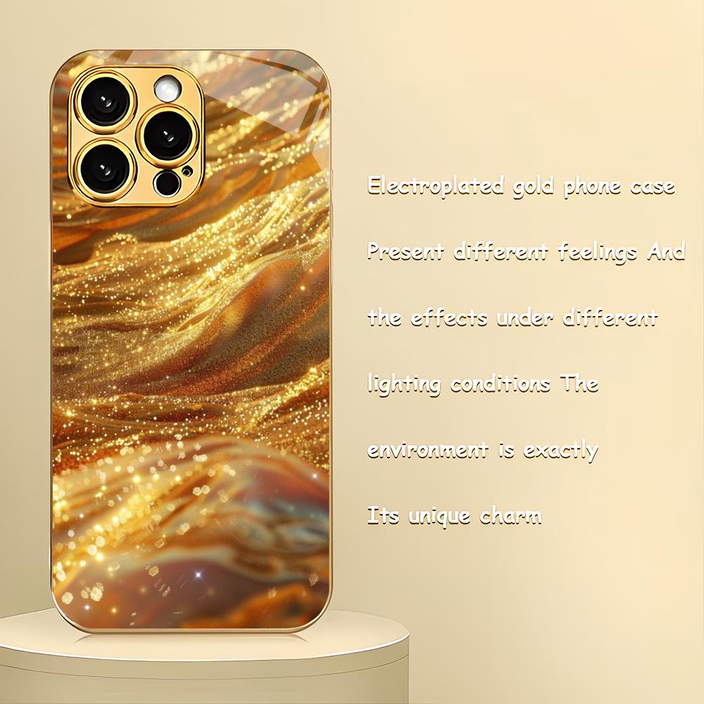 Gold textured electroplated glass phone case suitable for iPhone 17 16 15 14 13 12 11 Pro/Max/Plus shockproof back cover
