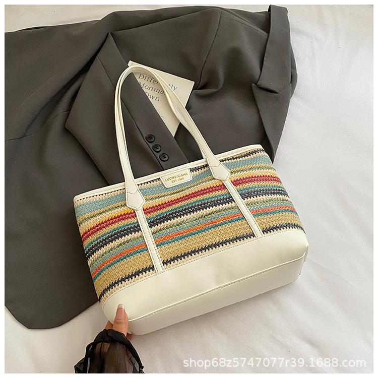 

2025 New Fashion Commuter Large Capacity Straw Bag Women s Summer Popular Shoulder Bag Rainbow Tote Bag