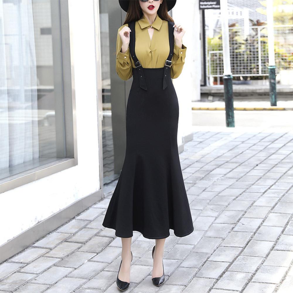 Women's High Waist Flare Suspender Skirt Slim Fit Long Midi Skirt
