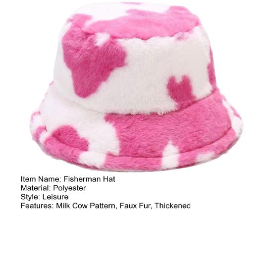 Faux Fur Fisherman Bucket Hat Milk Cow Pattern Warm Cozy Fluffy Bucket Hat Christmas Thanksgiving Headwear