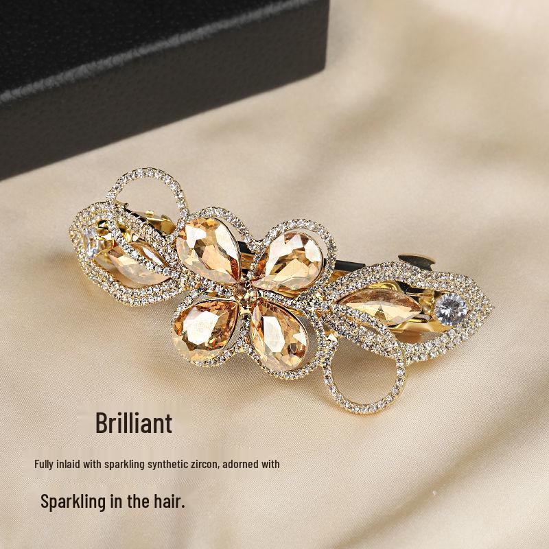 Korean Elegant Four-Leaf Clover Crystal Hair Clip for Women - Large Horizontal Fashion Hairpin