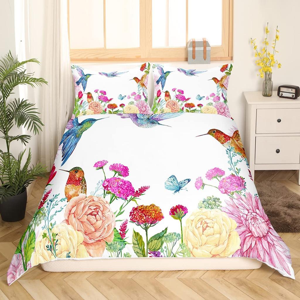 Hummingbird Floral Duvet Cover Birds Bedding Set Blue Green Spring Wild Animals Botanical Comforter Cover Polyester Quilt Cover