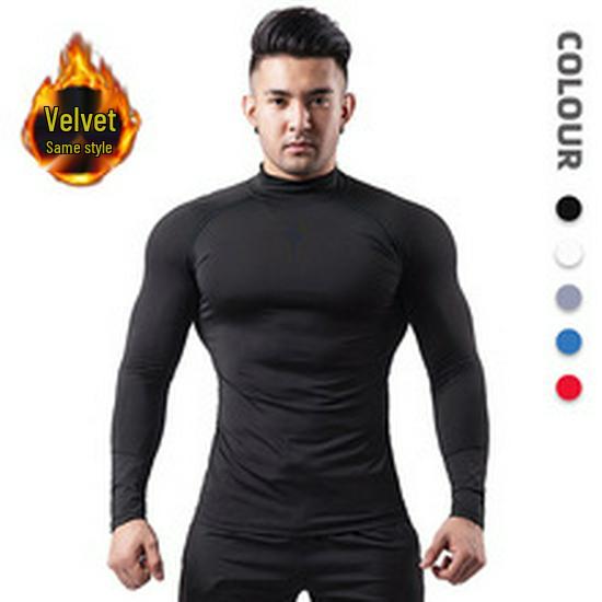 Men's High-Neck Velvet Warm Fitness Suit for Autumn/Winter - PRO Tight-Fit Sportswear for Basketball, Running, and Training.