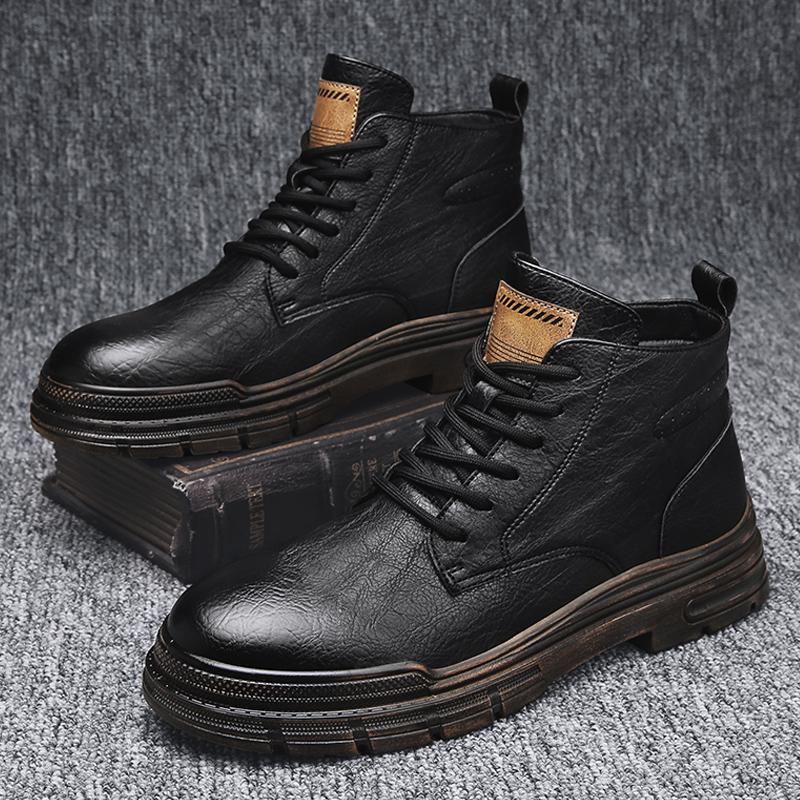 

Мужские кожаные ботинки с высоким берцем, зимние, с отстрочкой, утепленные, ботинки Мартина, коричневые, с круглым носком, повседневная мужская обувь 44