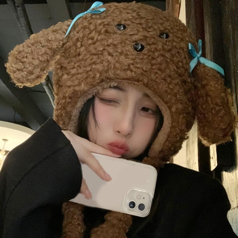 Cartoon-Mütze Verdicktes Stirnband Felliger Welpe Weiche Verdickte Kapuze für Damen Outdoor-Bekleidung für Wintersportarten Radfahren Skifahren