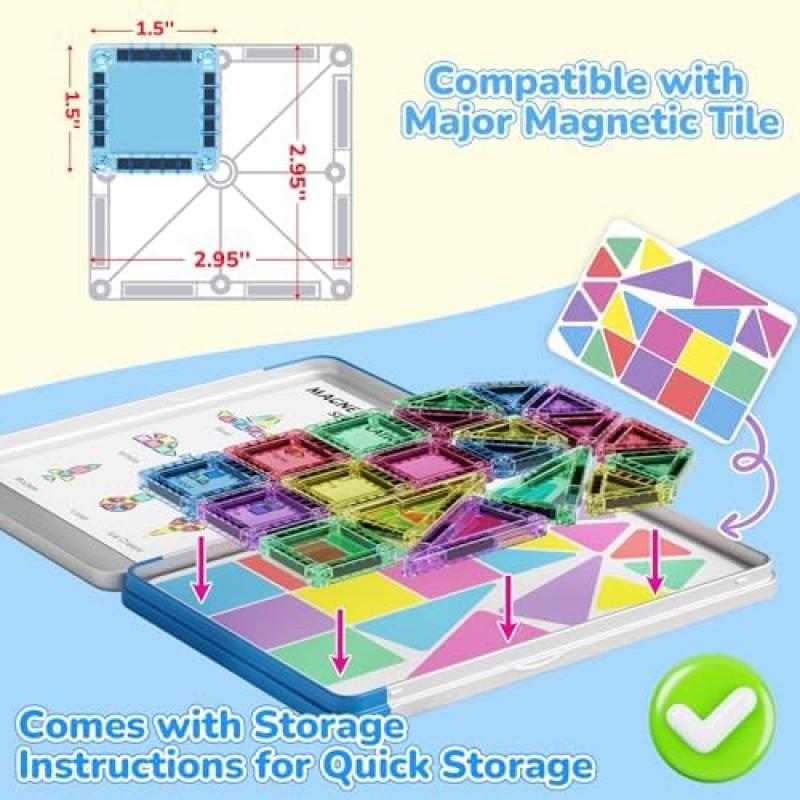 Magnetic Tiles Construction Set 42pcs Travel Toys for Kids Portable MINI Magnetic Building Blocks Montessori Toy Gift for Toddlers 3+ Years