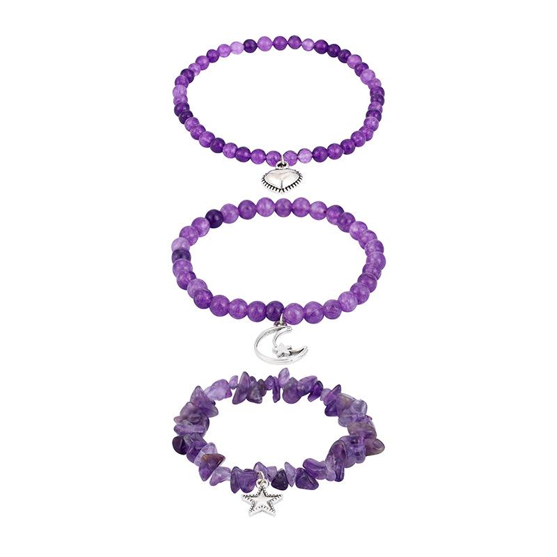 Gravel stone beads three-piece label bracelet simple new star moon pendant elastic rope bracelet
