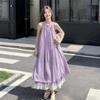 French Lazy Style Purple Neck Sleeveless Dress Summer Vacation Style Atmosphere Lace Splicing Loose Long Dress