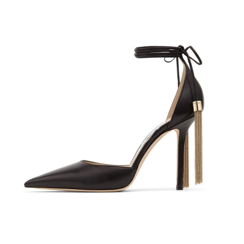 Fashion Brand Walk Show Gold Tassel Hanging Ear Sandals Ankle Strap Fashion Black Single Shoes Elegant Wedding Banquet Women's Shoes 43