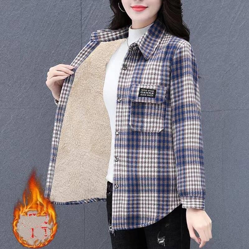 Thickened Fleece Autumn Winter Shirt Warm Casual Plaid Loose One-Piece Large Size Top Coat for Women Cotton Long Sleeve