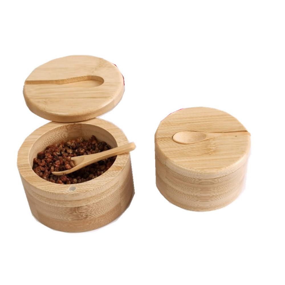 Bamboo Salt Jar with Spoon - Kitchen Storage Seasoning Box