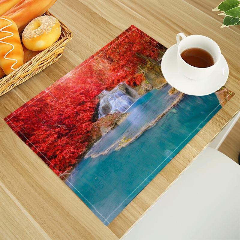 Natural Waterfall Print Linen Dining Table Mats Alphabet Kitchen Placemat 30X45cm Coasters Pads Bowl Cup Mat