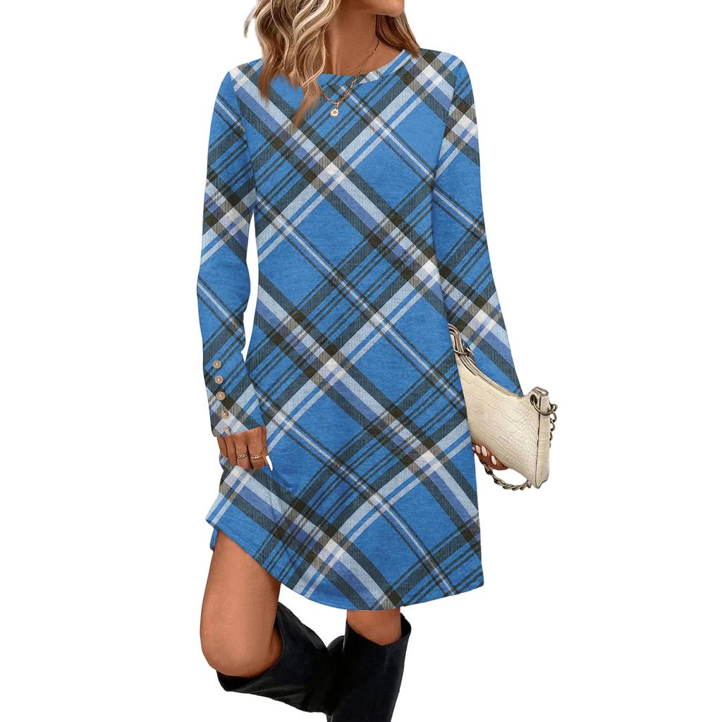 Women's Fashion Casual Dress With Pocket Decorative Buttons, Round Neck And Long Sleeves