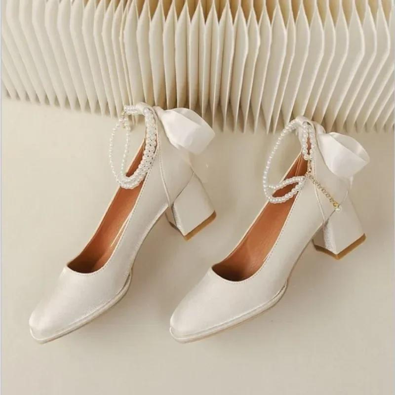Fashion 2025 New Red Bow Pearl Mary Jane Platform Lolita Heels for Women Chunky Wedding Shoes Waterproof Mid Heel Single Shoes