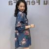 Denim Flower Print Turn Down Collar Long Sleeve Women's Blouses and ShirtsCasual Oversized Tops Bust Outwears