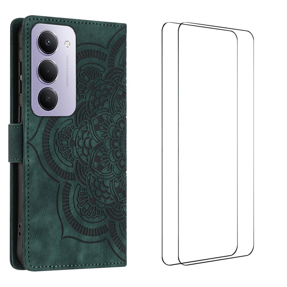 

Для Xiaomi Redmi 15 5G (Глобальний) (169мм) Чохол з 2 шт. Загартованого скла WANLONFENG Серія MTL Шкіряний чохол для телефону Mandala