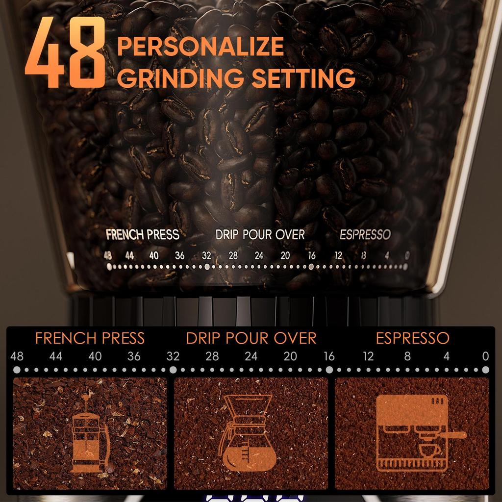 BioloMix CG210 Haushalts-Kaffeemühle Kegelmahlwerk mit Touch-Timer, 48 Mahlgrade für Espresso Pour Over