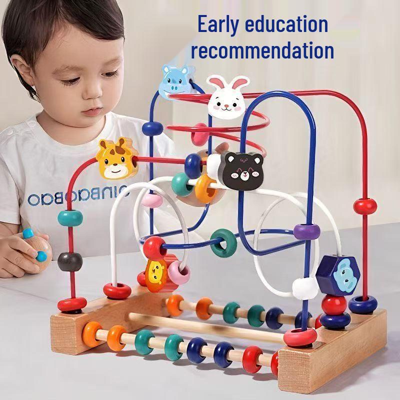 Multi-Functional Wooden Animal Bead Maze Toy for Infants: Three-Track Stringing Beads for Hand-Eye Coordination and Early Education