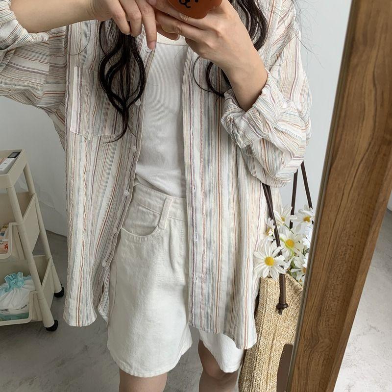 Oversize Women's Jmprs Korean Vintage Striped Shirts Long Sleeve Designed Summer Cotton Loose Button Up Shirt Female Tops