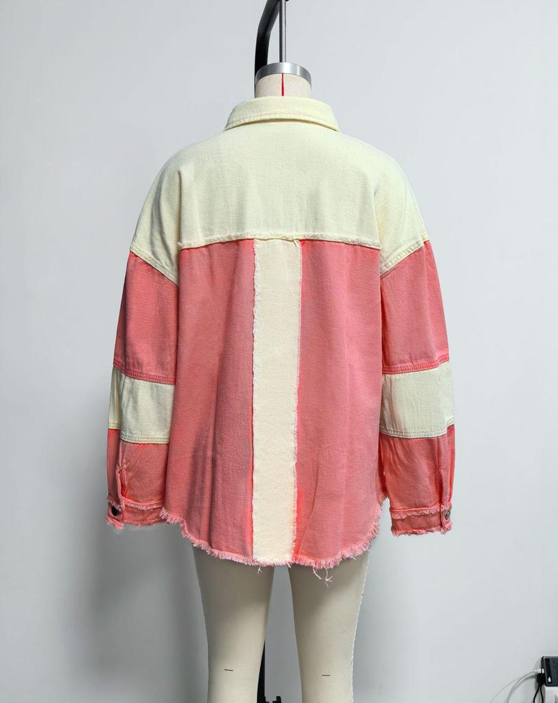 2026 Spring/Summer Women's Distressed Color Block Denim Jacket with Frayed Edges