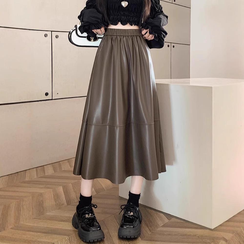 Women's PU Leather A-Line Midi Skirt: Autumn/Winter High Waist, Large Swing, Hip-Covering, Casual Temperament.