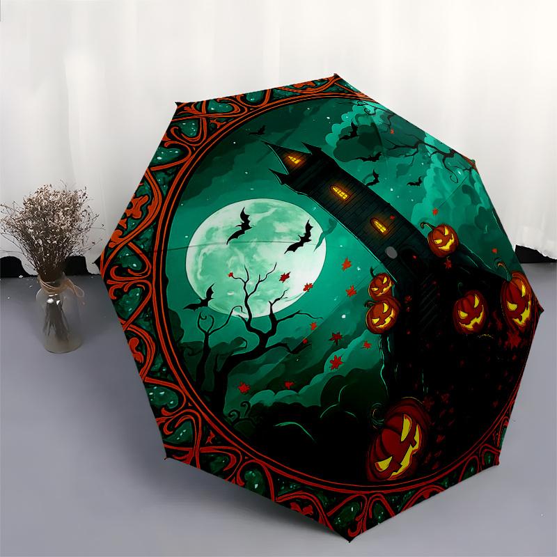 Halloween Haunted Castle with Jack-o'-lanterns StickerUmbrella, Portable 3-Fold Umbrella for Men & Women,Christmas Gift ES337