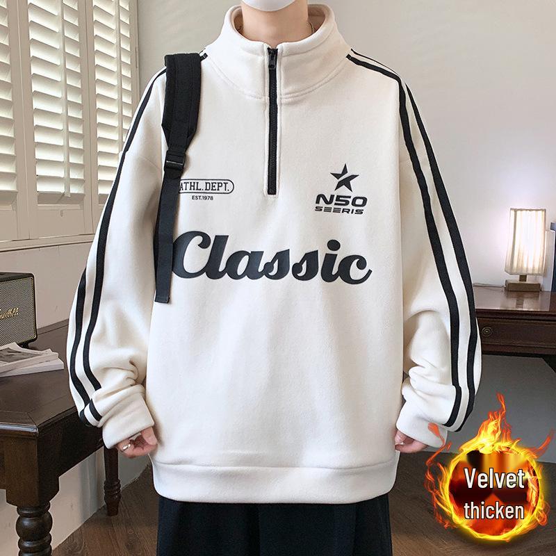 Men s Color Block Striped Half-Collar Zipper Hoodie Pullover for Autumn/Winter 4XL