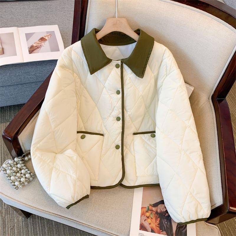 

Контрастный ромбовидный лацкан, хлопковая одежда, зимняя модная свободная короткая легкая хлопковая куртка, хлопковая одежда M [Recommended 80-50 kg]