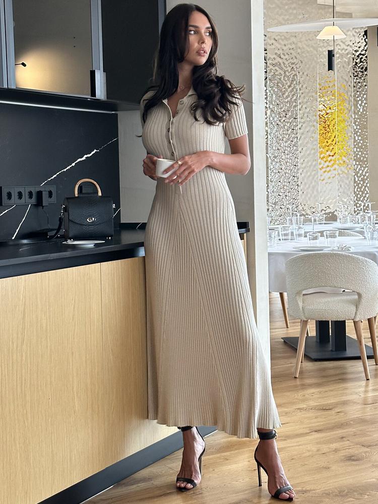 Trendix Elegantes Strickkleid für Damen Mode Kurzarm Patchwork Lange Kleider Femme High Street Vintage Gestricktes Abendkleid