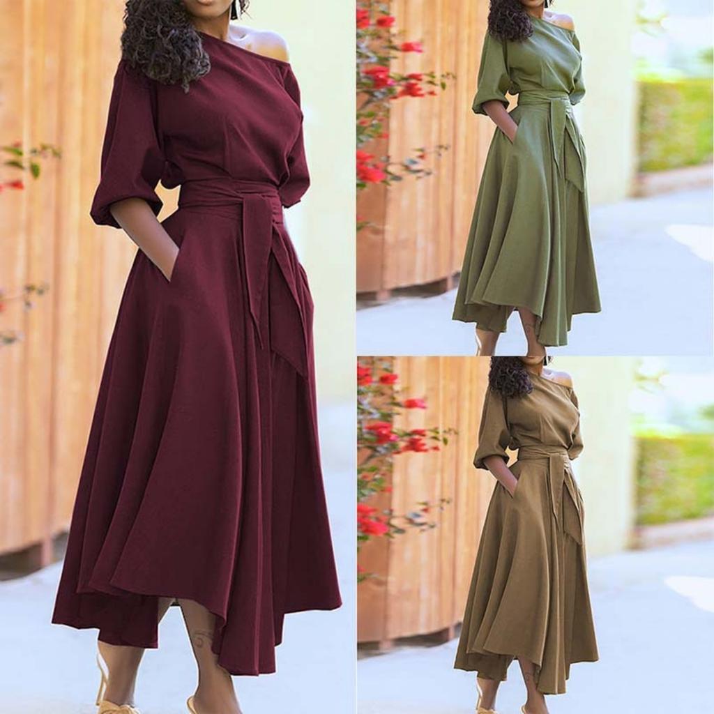 Spring New Elegant One-shoulder Lace-up Waist-tied Solid Color Commuter Dress for Women Leisure European American Casual Outfit