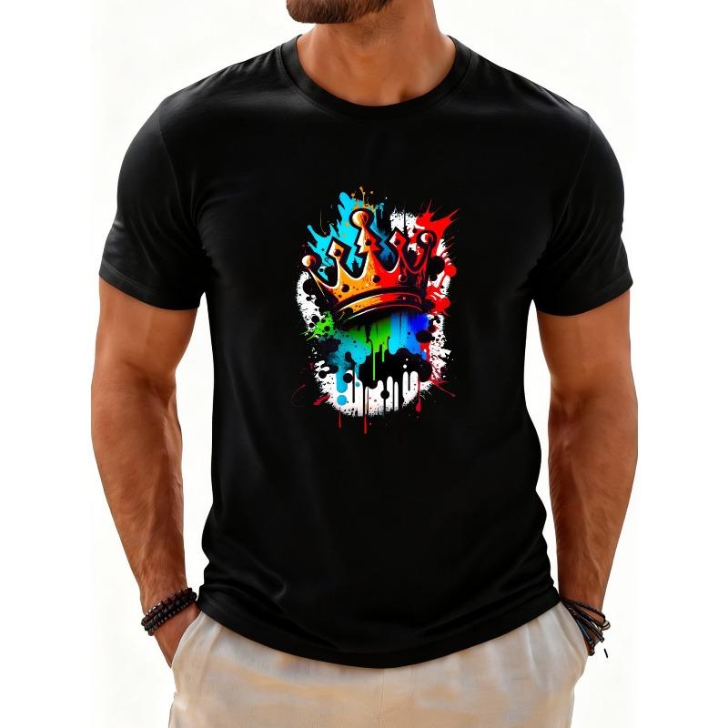 

European Size Casual Streetwear Style Men S T-Shirt Colorful Crown Graffiti Design Summer And Spring Wear Gift for Him 4XL чорний