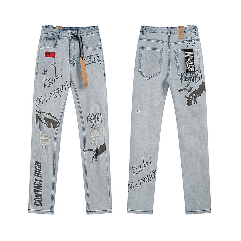 Purple Brand Ink Printing Meichao High Street Retro Ripped Casual Trend Denim Horn Pants Small Feet