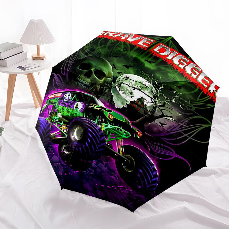 Monster Truck Themed Travel Umbrella 8 Ribs Automatic Opening and Closing, Portable Folding Design, Compact and Stylish Umbrella Suitable fo