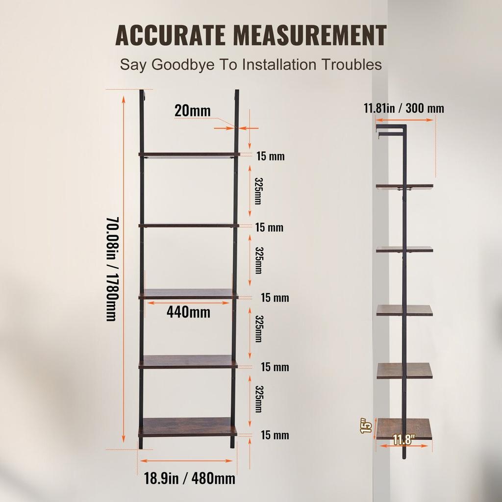Industrial Square Pipe Shelf 5 Tier 17.3x11.8in Wall-Mount for Bedroom