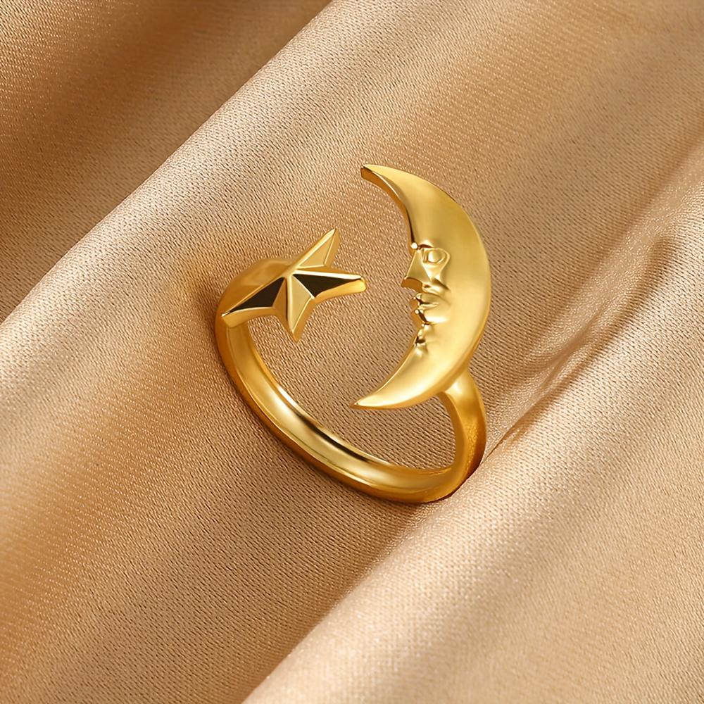 Gold Color Crescent Moon Face Star Open Ring For Women Stainless Steel Adjustable Rings Fashion Anillos Jewelry Elegant Gift