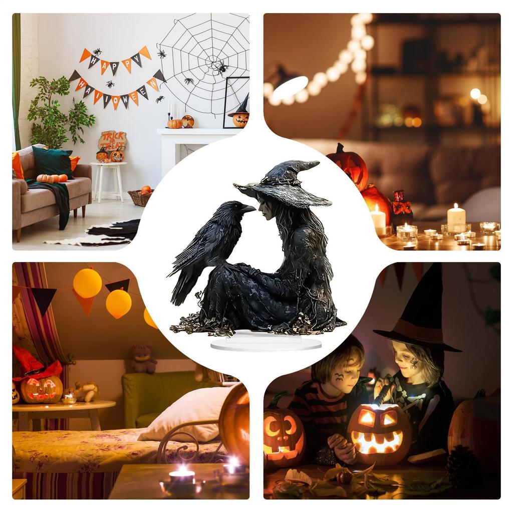 Halloween Desk Decor 2D Acrylic Indoor Tabletop Sign Gothic Witch Crow Ornament for Halloween Dorm Nightstand Studio Shelf