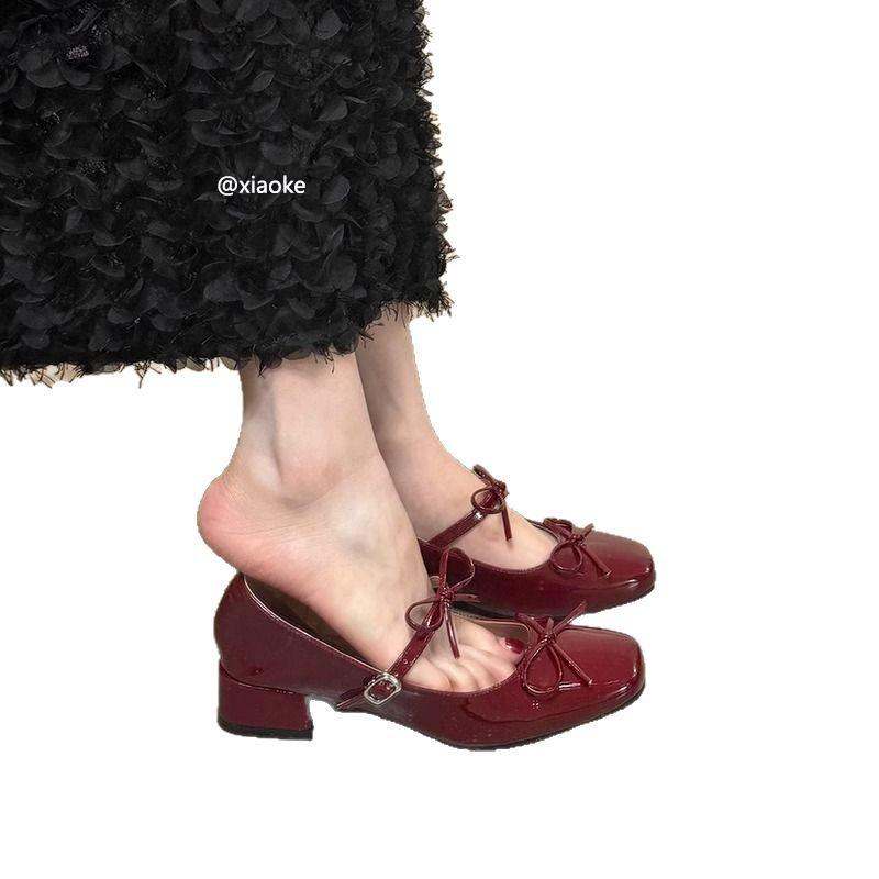 French bow light mouth silver single shoes women's spring and autumn new retro fairy ballet thick heel Mary Jane small leather shoes