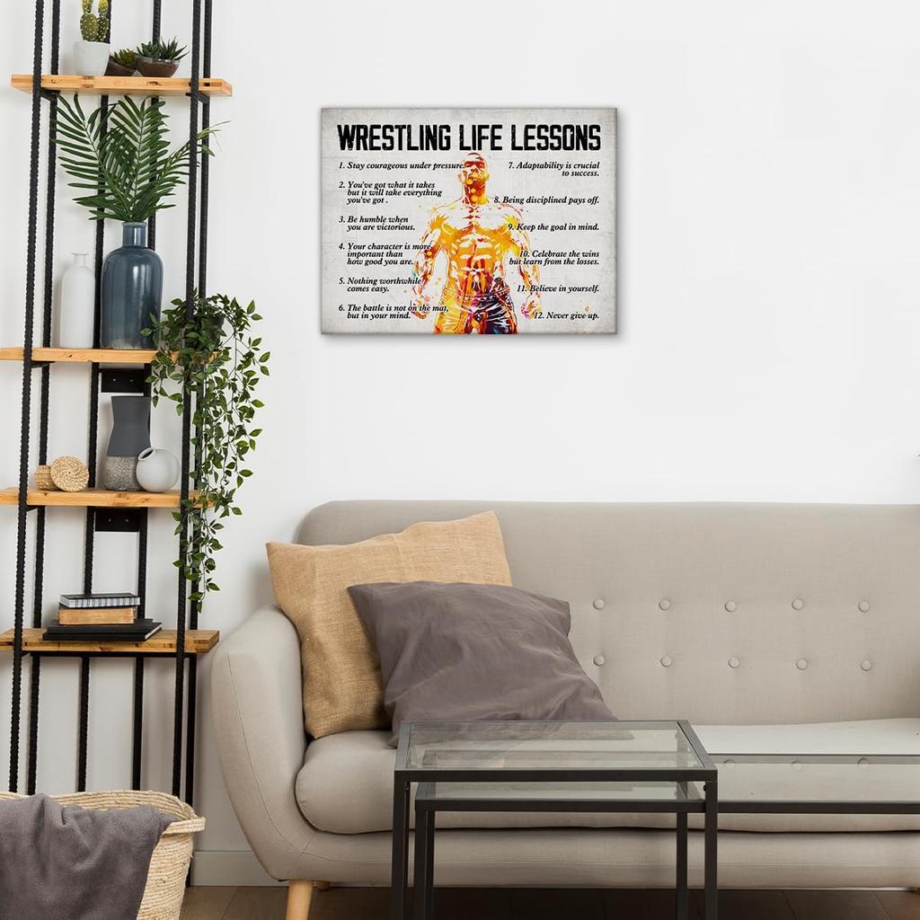 Hijie Wrestling Poster Canvas Wall Art for Home Bedroom Decor, Motivational Wrestling Life Lessons Canvas Print Painting Ready to Hang Gifts - Easel